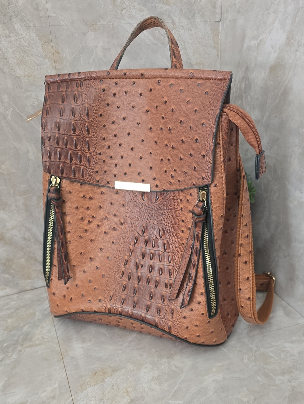 Ostrich & Crocodile Embossed Faux Leather Convertible Backpack Purse
